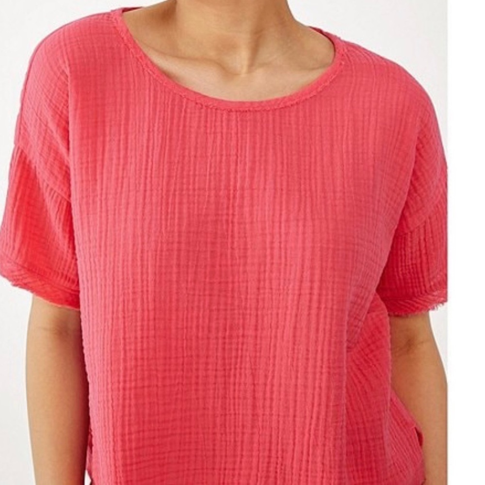 Organic Cotton Gauze Short Sleeve Drop Shoulder Fringe Hem Boxy Top NWT Large